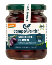 Rohkost Kalamata Oliven entsteint (Glas)